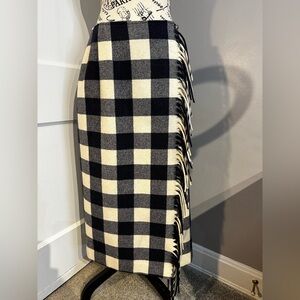 Pendleton Wrap Blanket Wool Skirt Blue Cream Buffalo Checker Plaid Fringed Sz 8